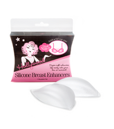 Hollywood Fashion Secrets Silicone Breast Enhancers in clear packaging with a pink label, featuring two soft silicone inserts for a natural lift.